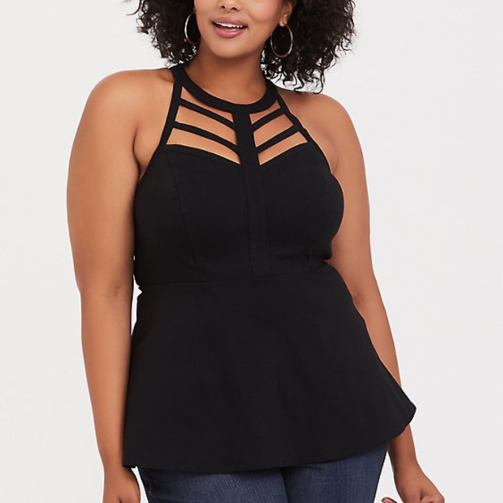 BLACK CAGED HIGH NECK PEPLUM TOP SIZE 2